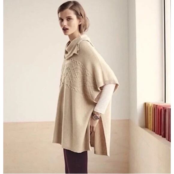 NYDJ Cable Knit Cowl Neck Cream Poncho Sweater - Size Small - Picture 3 of 8